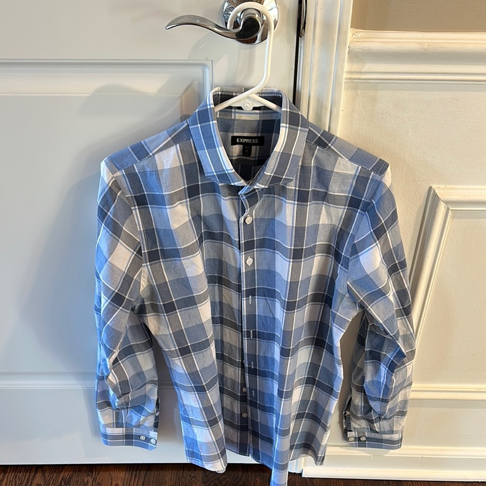 Express Men's Blue Plaid Shirt Medium slim fit